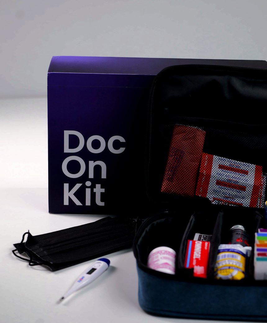 DocOnKit travel healthcare pouch beside its presentation box
