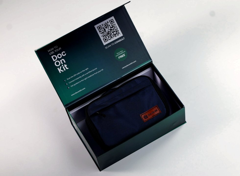 DocOnKit travel healthcare pouch, shown closed inside its box